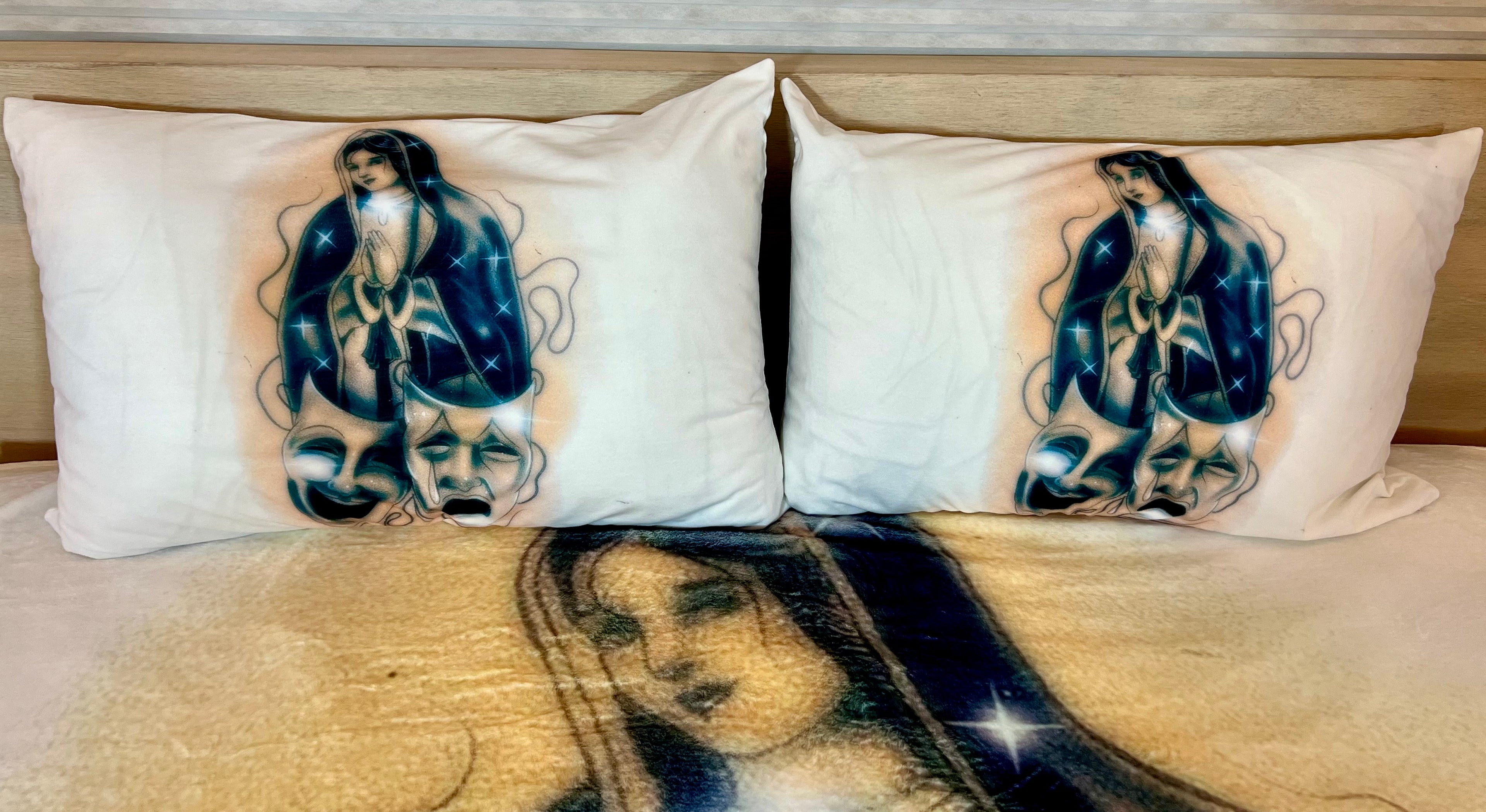 'BLESSINGS & PROTECTIONS' Pen & Ink Y2K Pillowcases (Set Of Two) *WHITE/GOLD/FOREST GREEN