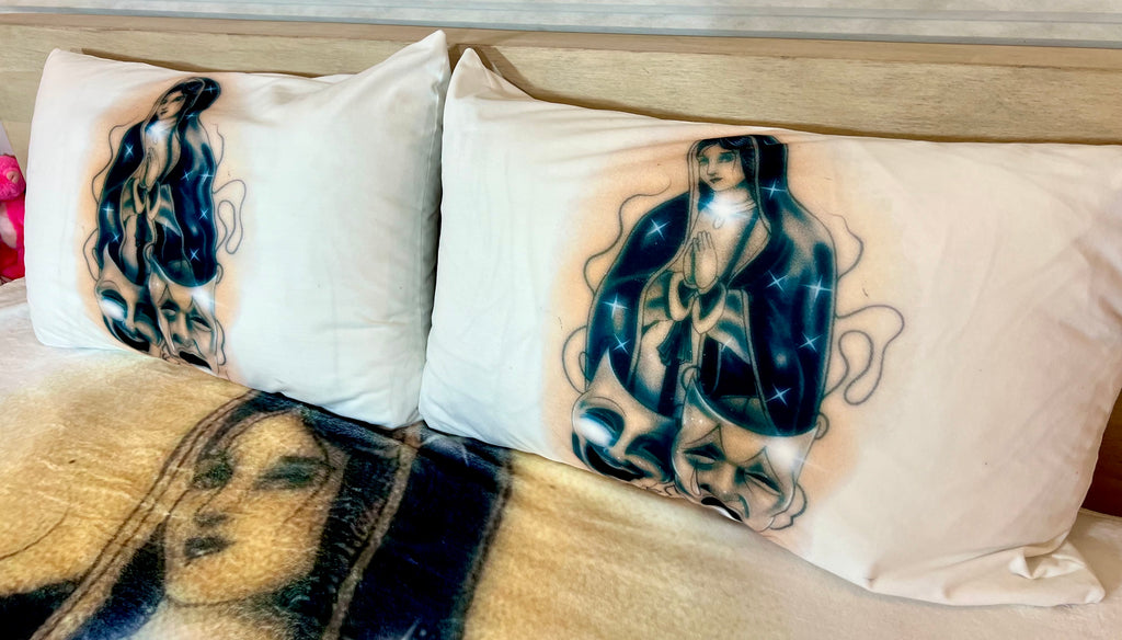 'BLESSINGS & PROTECTIONS' Pen & Ink Y2K Pillowcases (Set Of Two) *WHITE/GOLD/FOREST GREEN