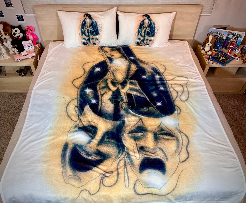 LIMITED EDITION EXTRA LARGE 'BLESSINGS& PROTECTIONS' Pen & Ink Y2K Fleece Blanket (WHITE/GOLD/FOREST GREEN)) *Limited Edition