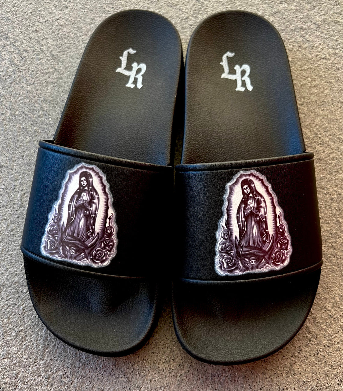 OUR LADY Airbrushed Slides (Black) *Limited Edition