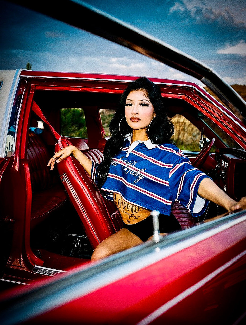 Limited Edition 'ANGEL BABY' Custom Script Striped Cropped Rugby Shirt (Navy)