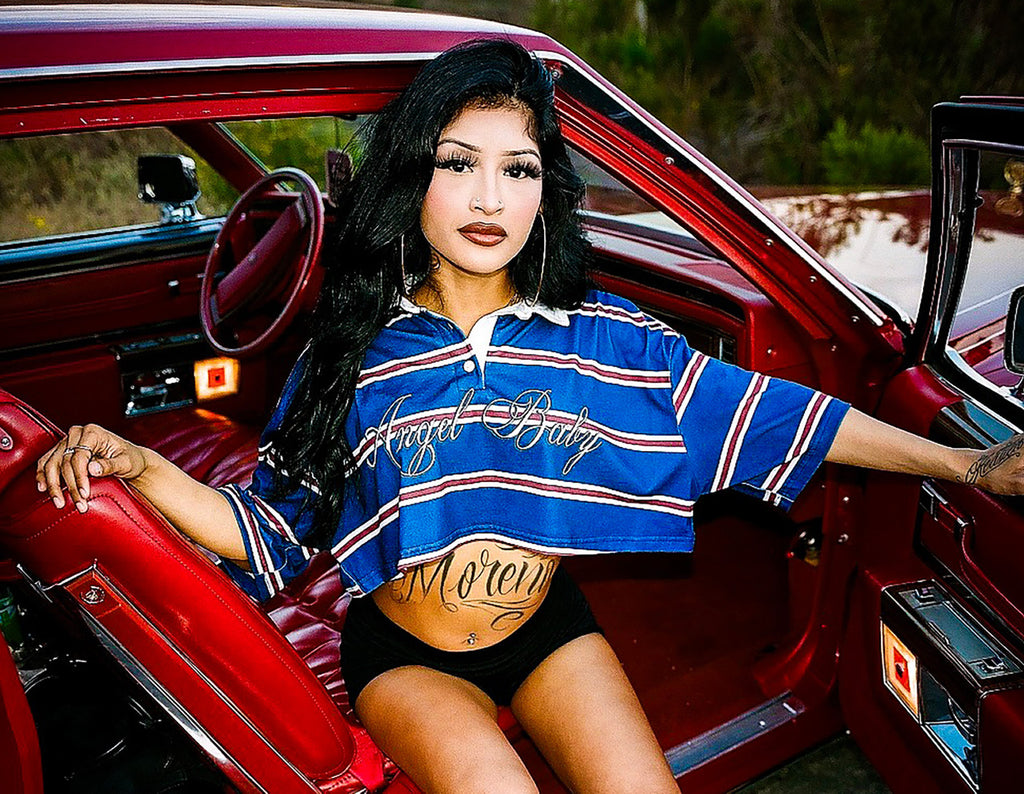 Limited Edition 'ANGEL BABY' Custom Script Striped Cropped Rugby Shirt (Navy)