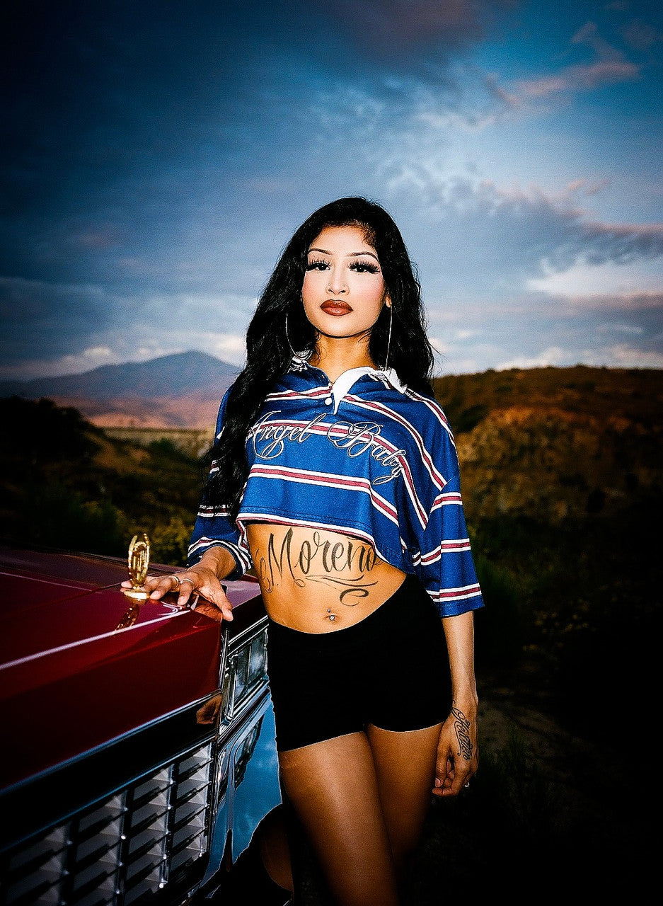 Limited Edition 'ANGEL BABY' Custom Script Striped Cropped Rugby Shirt (Navy)