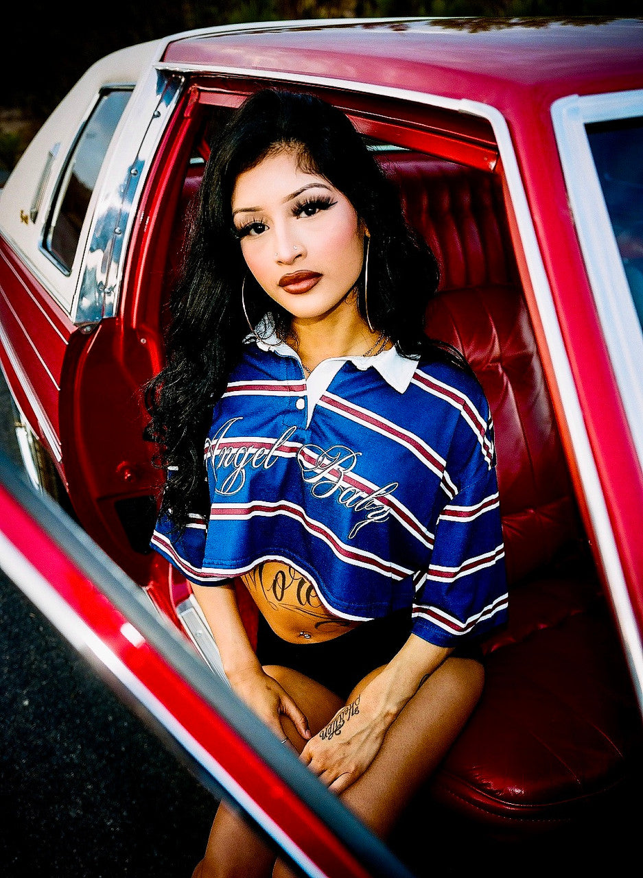 Limited Edition 'ANGEL BABY' Custom Script Striped Cropped Rugby Shirt (Navy)