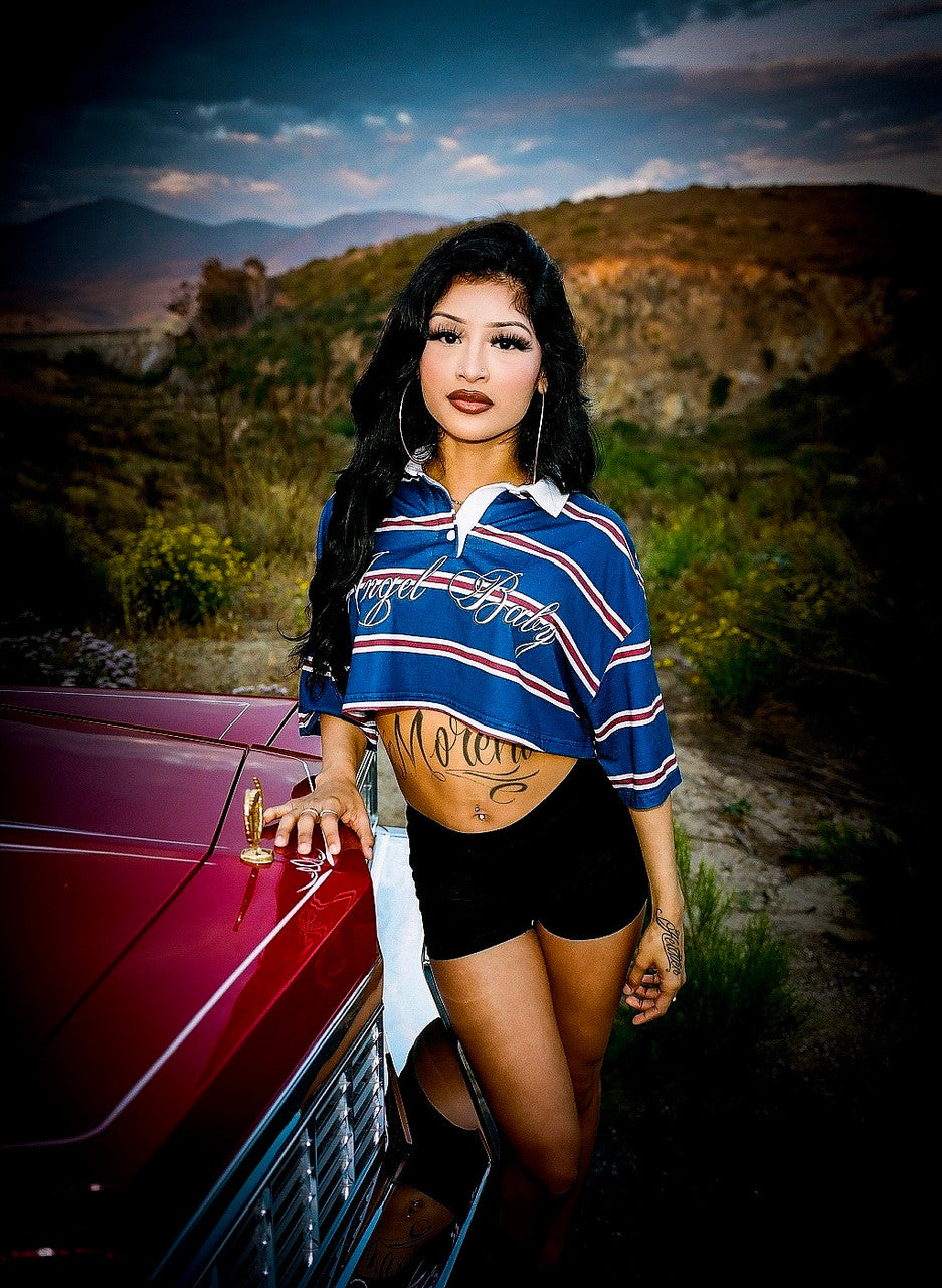 Limited Edition 'ANGEL BABY' Custom Script Striped Cropped Rugby Shirt (Navy)