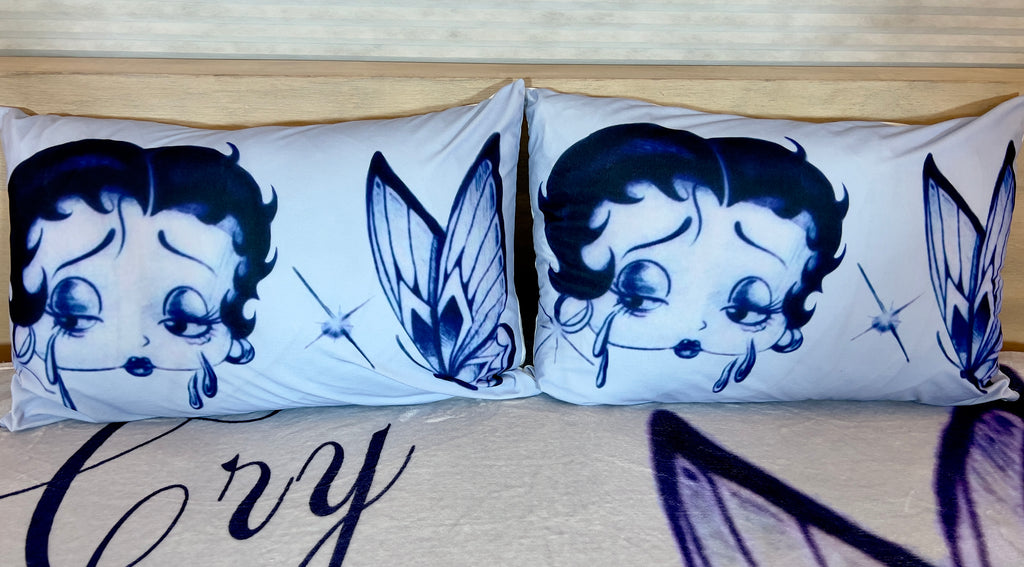 'CRY BABY BOOP' Pen & Ink Y2K Pillowcases (Set Of Two) *BLUES