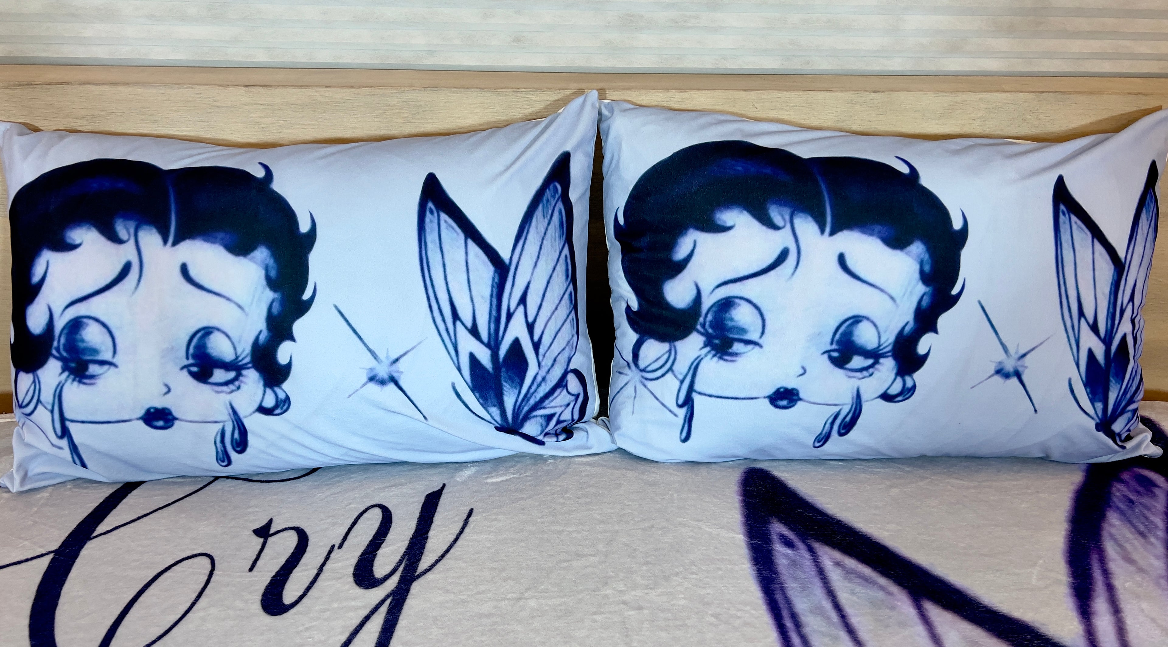 'CRY BABY BOOP' Pen & Ink Y2K Pillowcases (Set Of Two) *BLUES