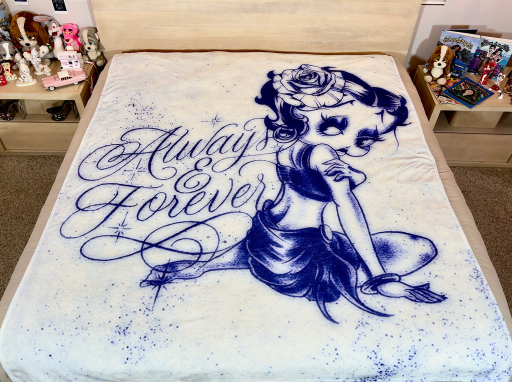 LIMITED EDITION EXTRA LARGE 'ALWAYS ON MY MIND' Pen & Ink Y2K Fleece Blanket (BLUES) *Limited Edition