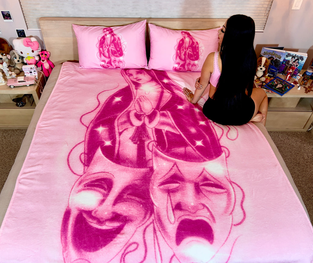 LIMITED EDITION EXTRA LARGE 'BLESSINGS & PROTECTIONS' Pen & Ink Y2K Fleece Blanket (BUBBLEGUM X NEON PINK) *Limited Edition