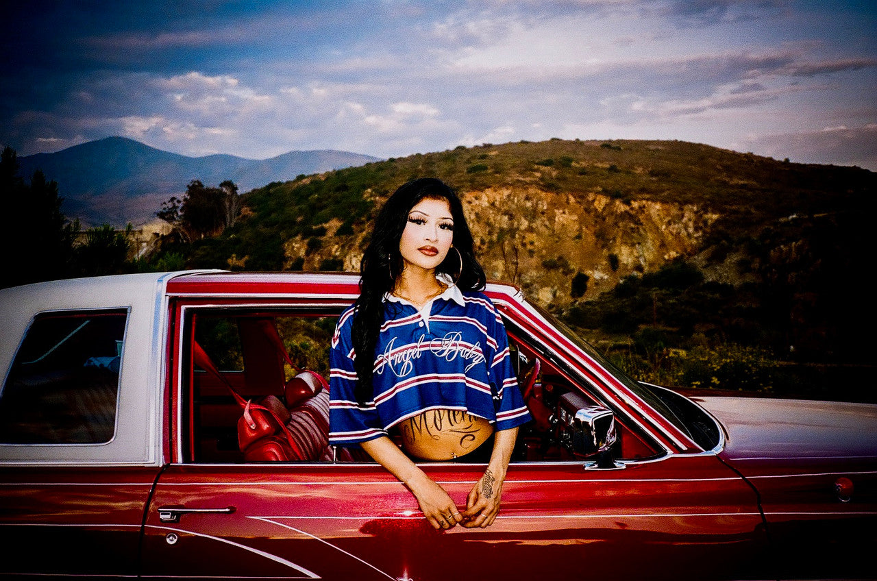 Limited Edition 'ANGEL BABY' Custom Script Striped Cropped Rugby Shirt (Navy)