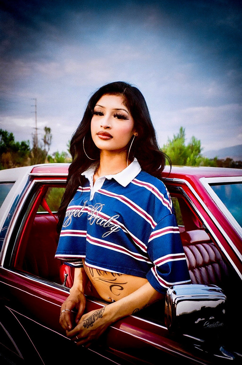 Limited Edition 'ANGEL BABY' Custom Script Striped Cropped Rugby Shirt (Navy)