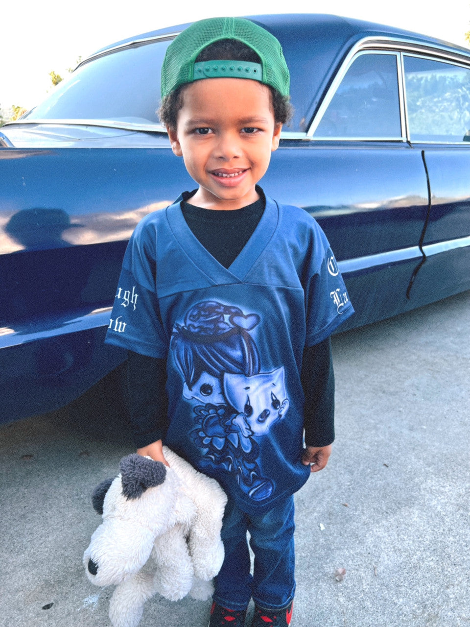 KIDS 'Laugh Now Cry Later Precious Moments' Airbrushed Cut & Sew KIDS Football Jersey (BLUE)