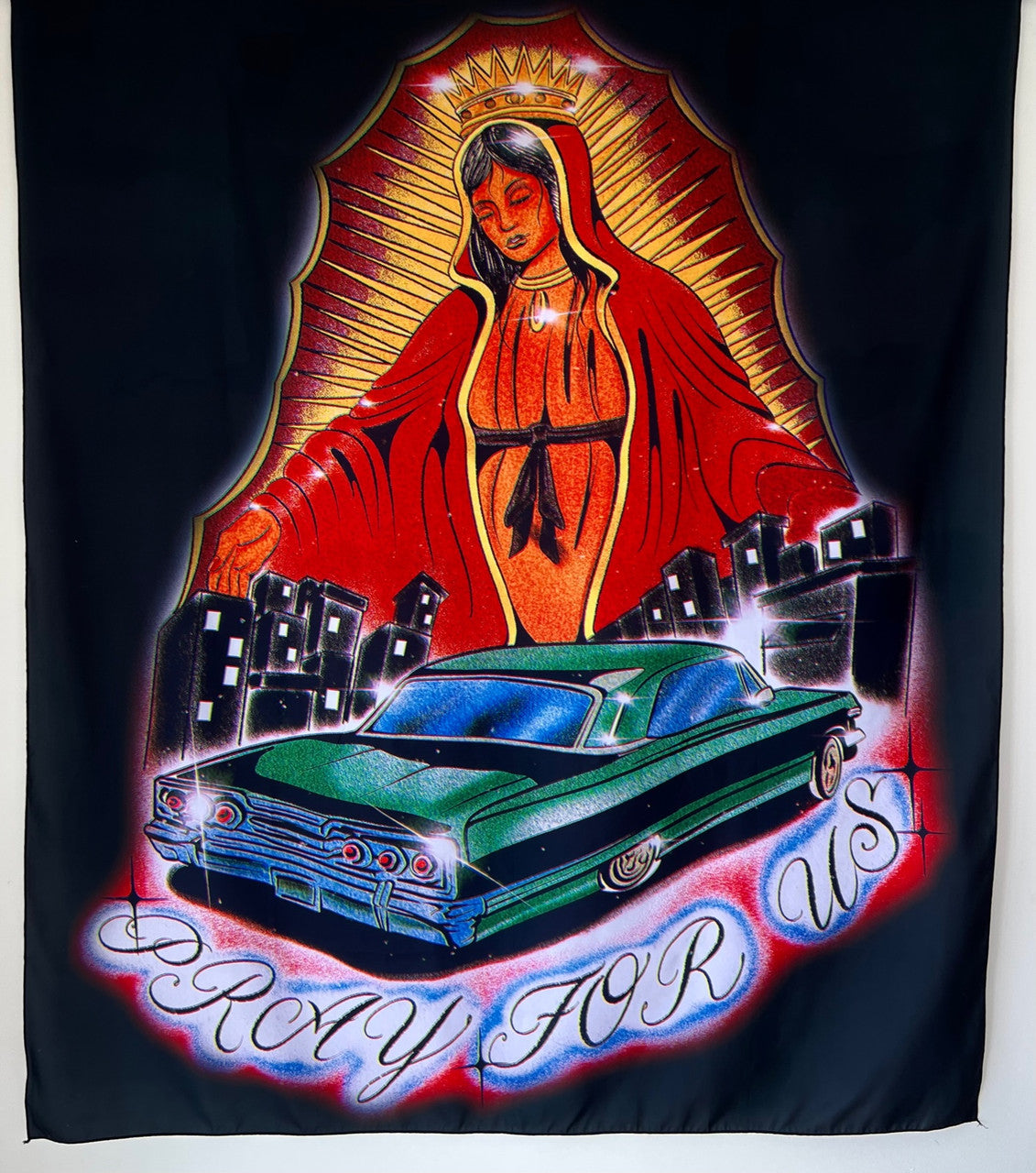 'Pray For Us' Pen & Ink Wall Tapestry (BLACK)