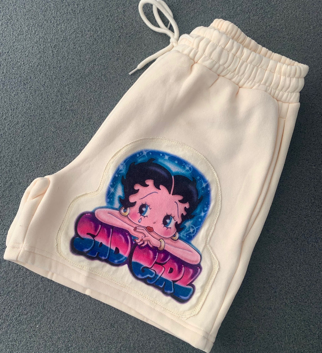 Sad Girl Betty' Custom Airbrushed Embroidered Cut & Sew Fleece Sweatshorts (Drawstring w/ pockets) TAN
