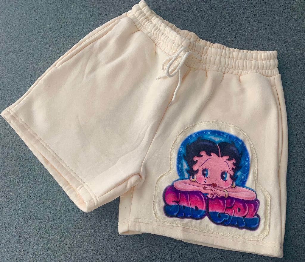 Sad Girl Betty' Custom Airbrushed Embroidered Cut & Sew Fleece Sweatshorts (Drawstring w/ pockets) TAN