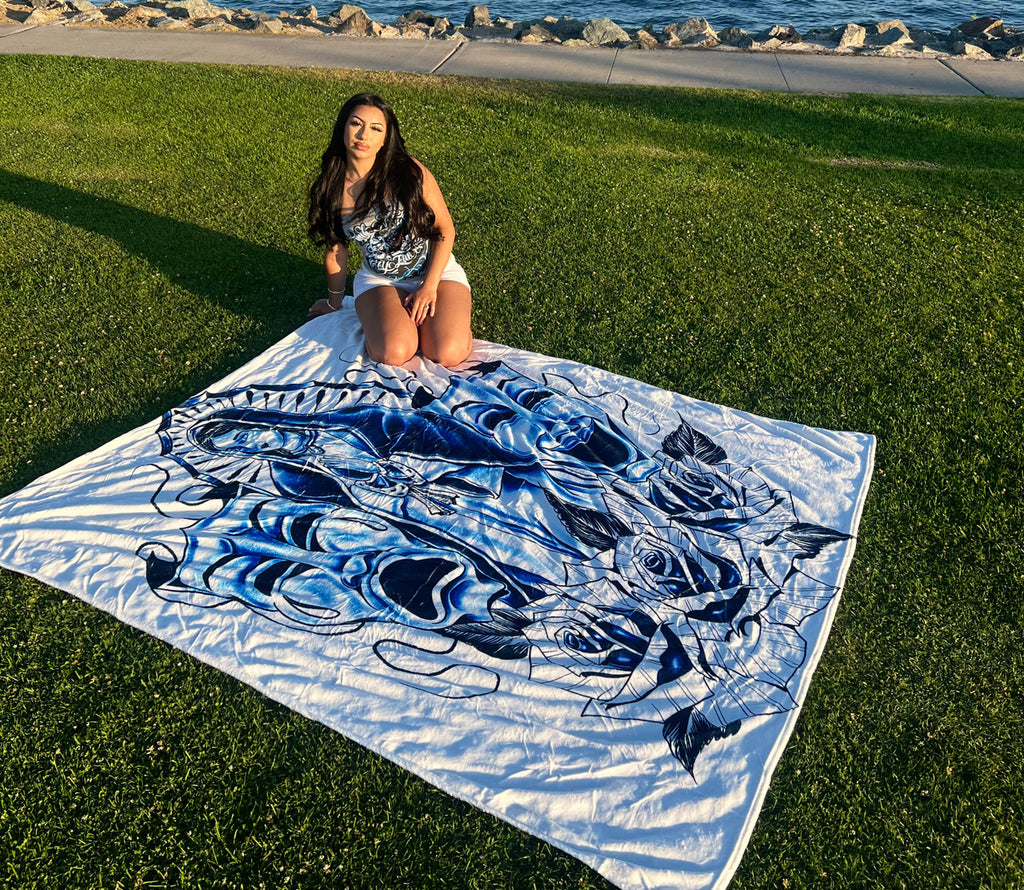 EXTRA LARGE 'LUPITA' Pen & Ink Fleece Blanket (WHITE/BLUE) *Limited Edition