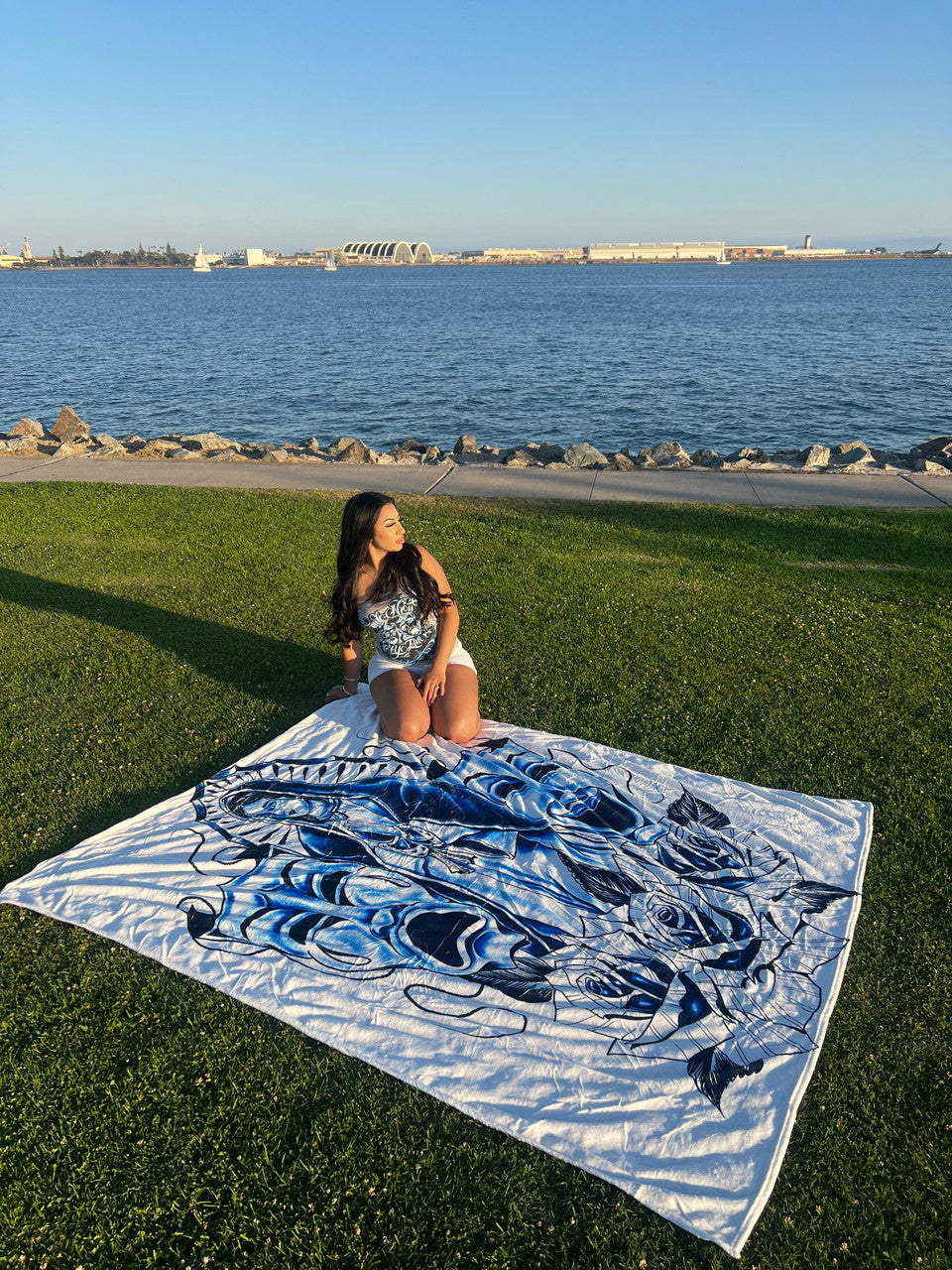 EXTRA LARGE 'LUPITA' Pen & Ink Fleece Blanket (WHITE/BLUE) *Limited Edition