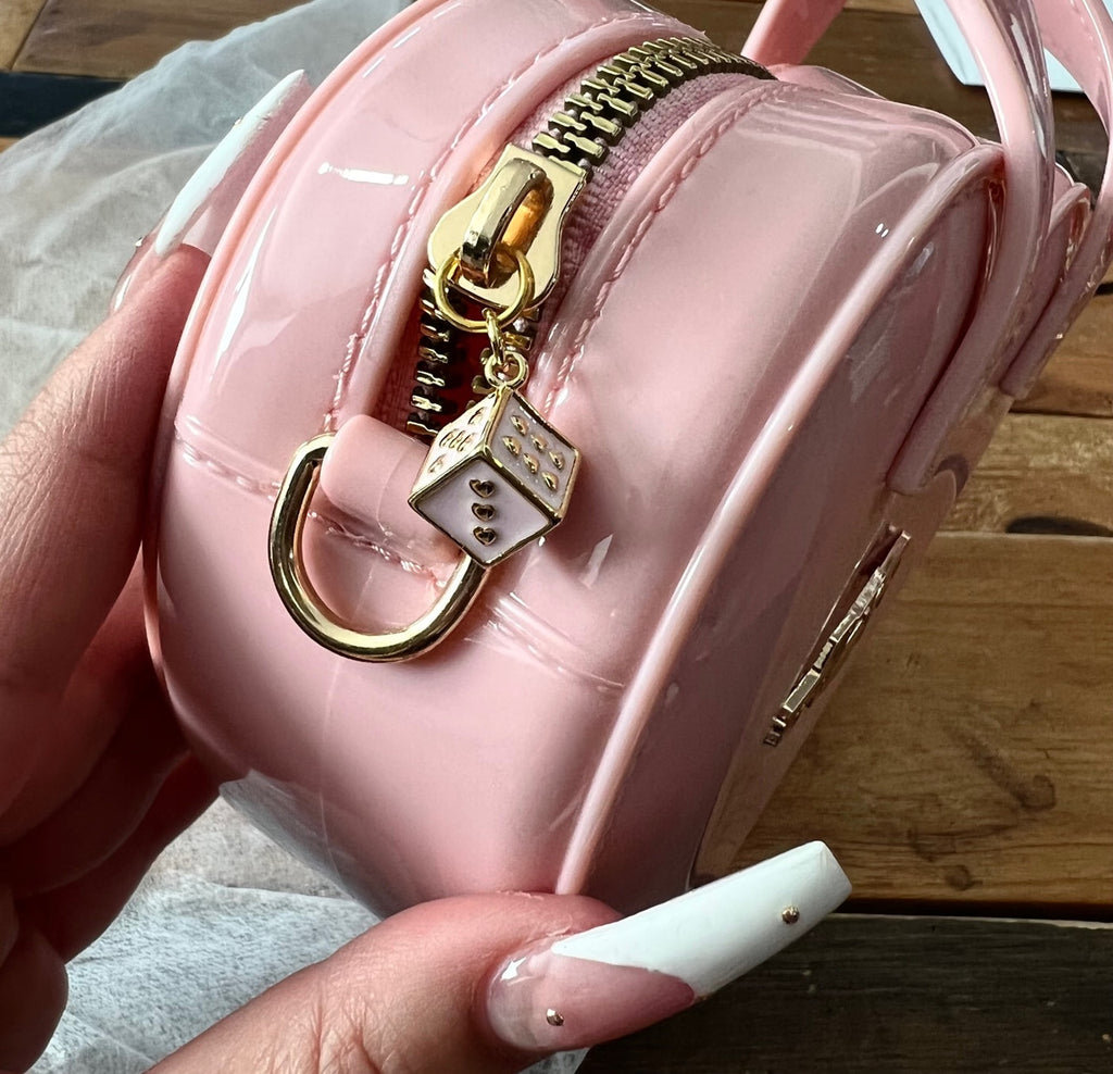 EXTRA SPECIAL LIMITED EDITION Angel Baby Low Low Glossy Cross Body Chain Link Heart Handbag W/ 24K Solid Gold Pink Dice Heart Dice Zipper Pull BUBBLEGUM PINK ((Limited Edition))
