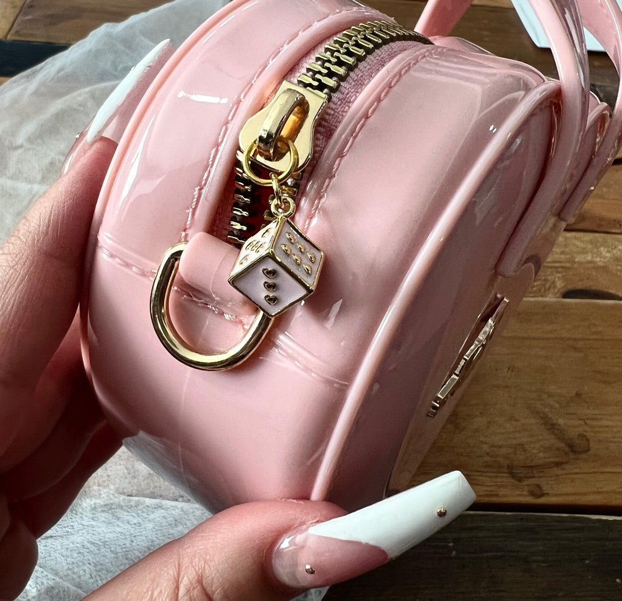 EXTRA SPECIAL LIMITED EDITION Angel Baby Low Low Glossy Cross Body Chain Link Heart Handbag W/ 24K Solid Gold Pink Dice Heart Dice Zipper Pull BUBBLEGUM PINK ((Limited Edition))
