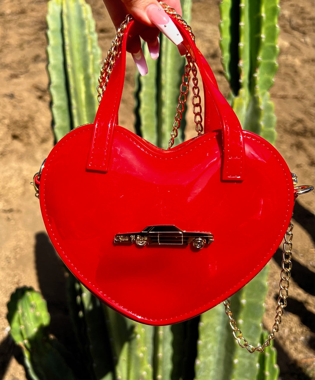 LIMITED EDITION Low 'N Slow Glossy Cross Body Chain Link Heart Handbag W/ 24K Solid Gold Dice Zipper Pull RED ((Limited Edition))