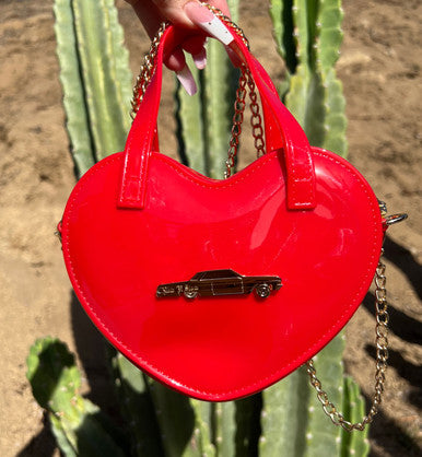 LIMITED EDITION Low 'N Slow Glossy Cross Body Chain Link Heart Handbag W/ 24K Solid Gold Dice Zipper Pull RED ((Limited Edition))