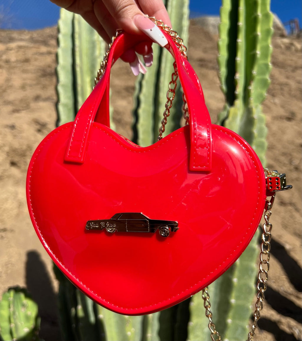 LIMITED EDITION Low 'N Slow Glossy Cross Body Chain Link Heart Handbag W/ 24K Solid Gold Dice Zipper Pull RED ((Limited Edition))
