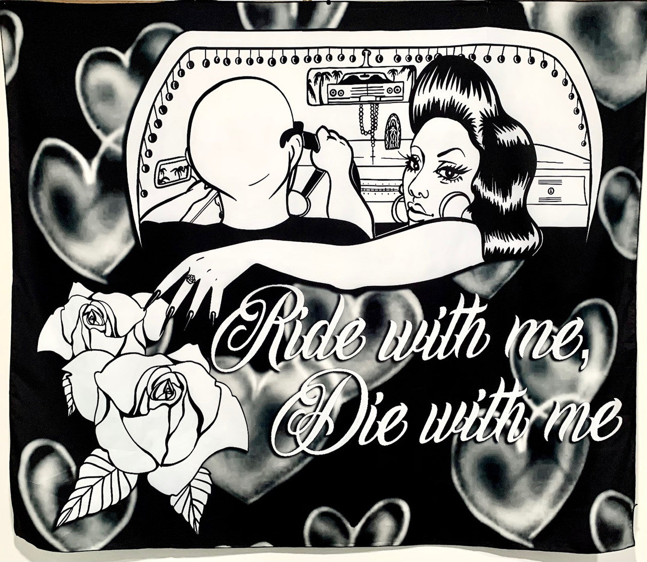 Ride With Me, Die With Me X Floating Hearts Airbrushed Tapestry (Black)
