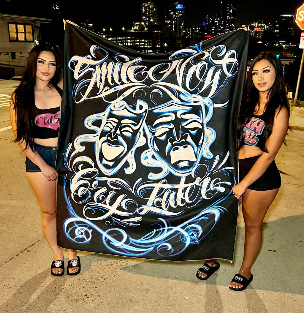 Limited Edition Smile Now, Cry Later Airbrushed Tapestry (BLUE/BLACK)