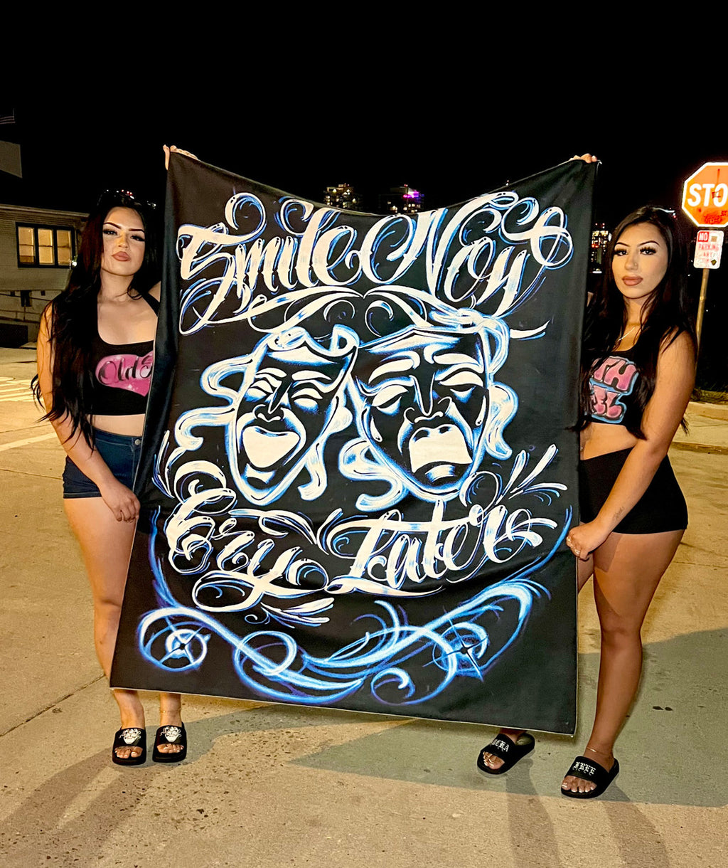Limited Edition Smile Now, Cry Later Airbrushed Tapestry (BLUE/BLACK)