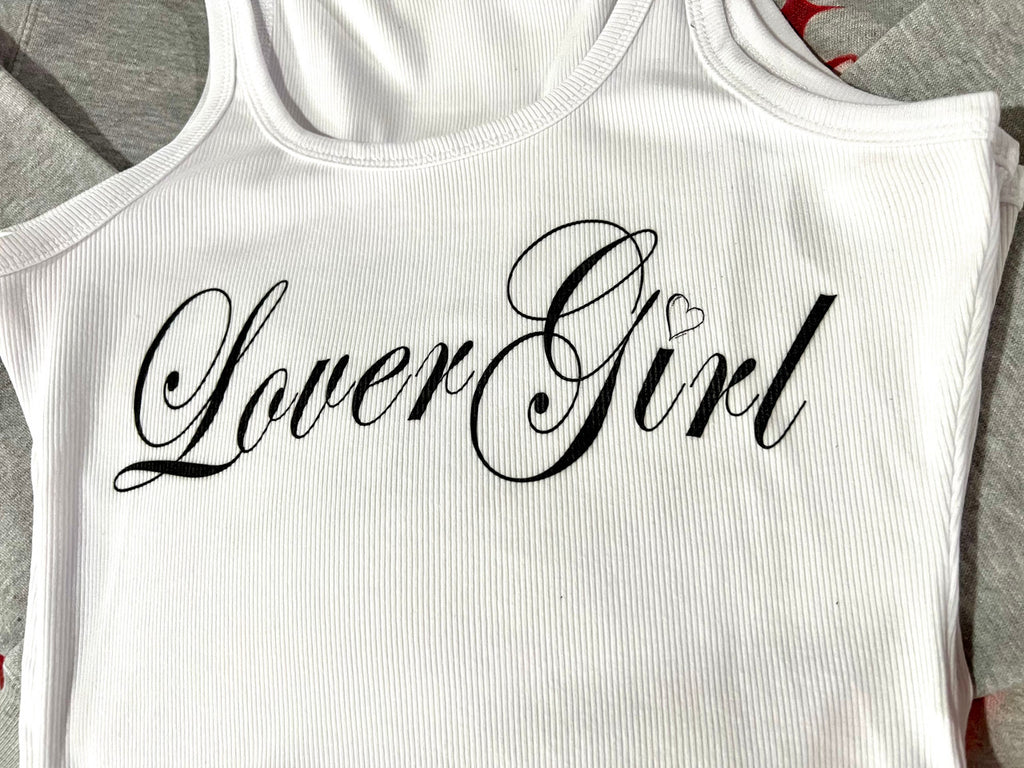 Limited Edition 'LoverGirl' Script Rib White Tank Top