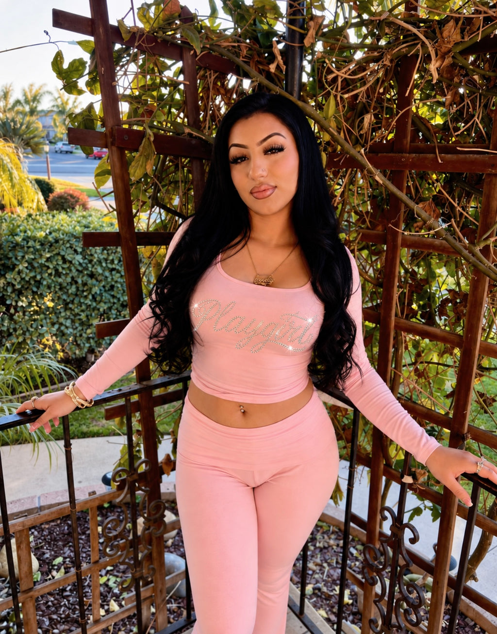 Limited Edition Rhinestone 'PLAYGIRL' Script Sparkle Long Sleeve Shirt & Leggings Loungewear Set (BUBBLEGUM PINK)