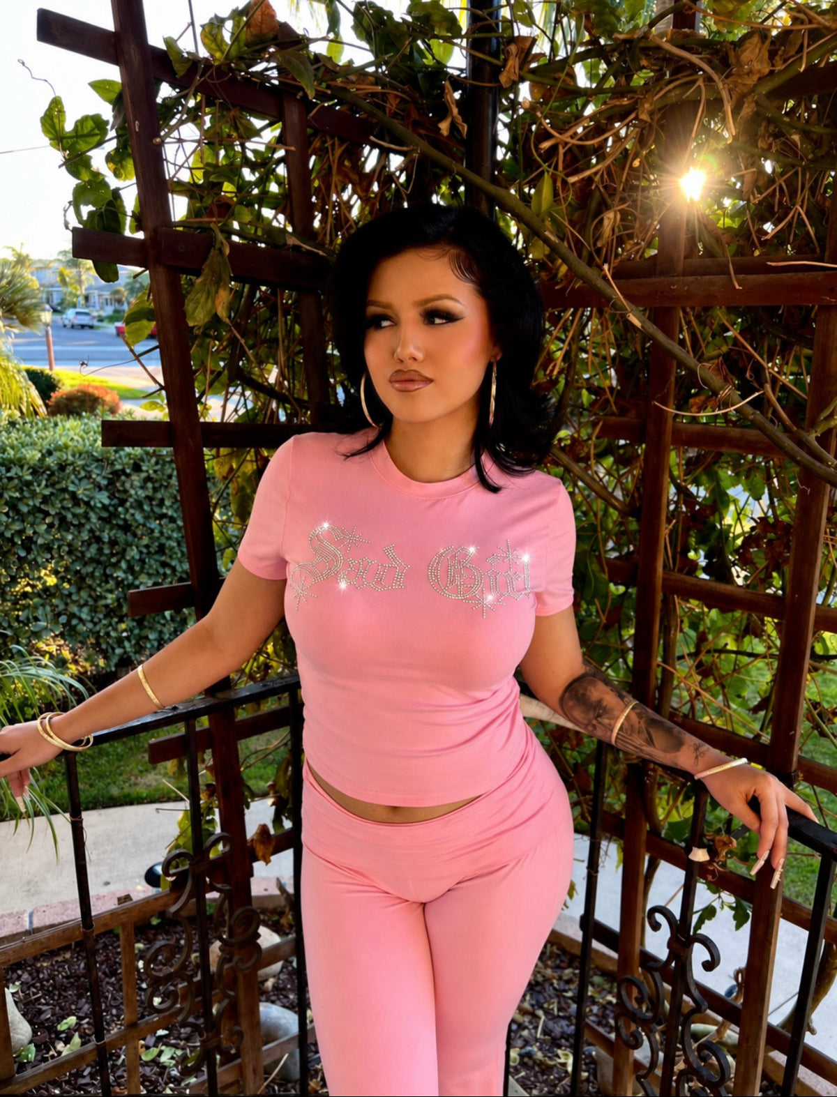 Limited Edition Rhinestone 'SAD GIRL' Old English Sparkle Short Sleeve Shirt & Leggings Loungewear Set (BARBIE PINK)