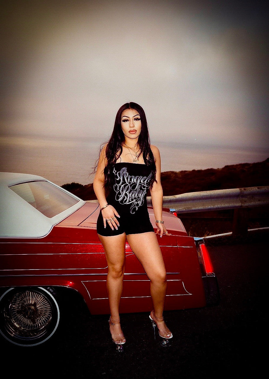 LIMITED EDITION 'ANGEL BABY' SCRIPT ONE PIECE TUBE TOP ROMPER (Black)