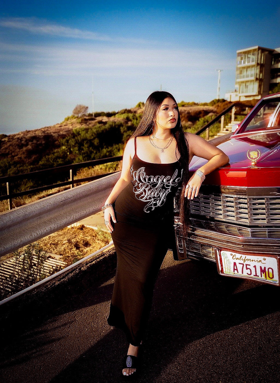 Limited Edition 'Angel Baby' Script Long Slip Dress (Black)