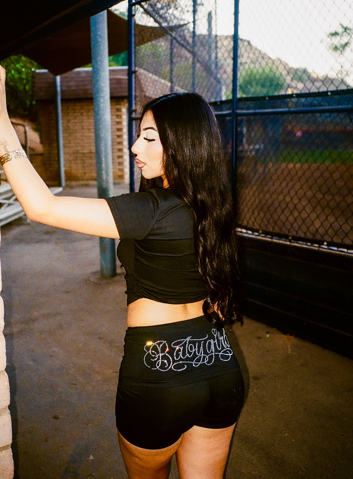 Limited Edition Rhinestone 'BABYGIRL' Script Sparkle Short Sleeve Shirt & Shorts Loungewear Set (BLACK)