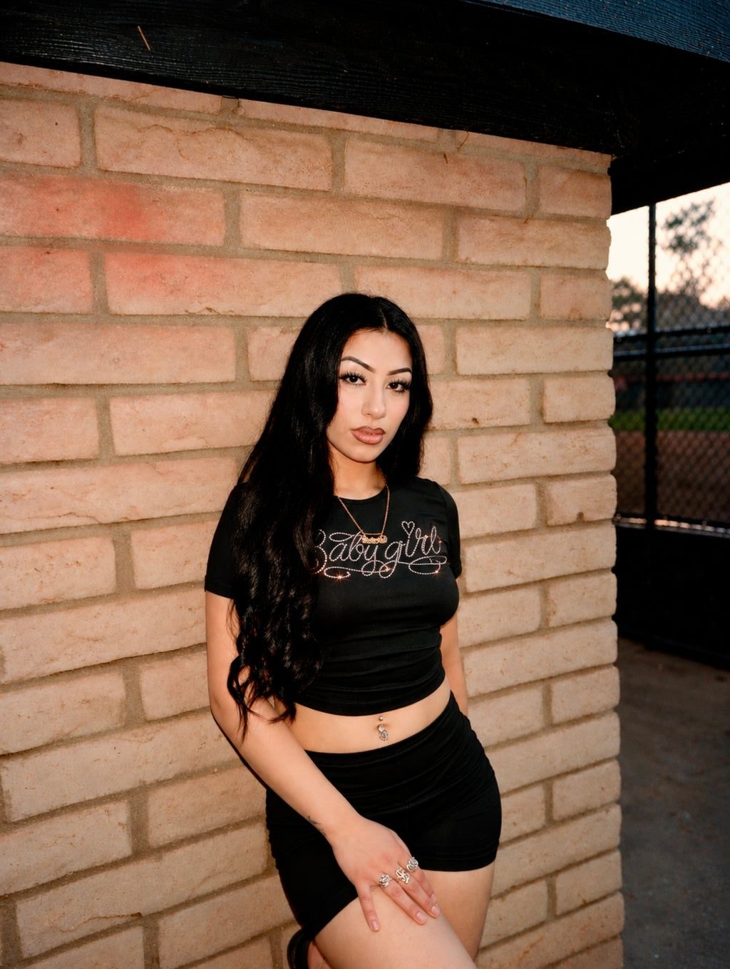 Limited Edition Rhinestone 'BABYGIRL' Script Sparkle Short Sleeve Shirt & Shorts Loungewear Set (BLACK)