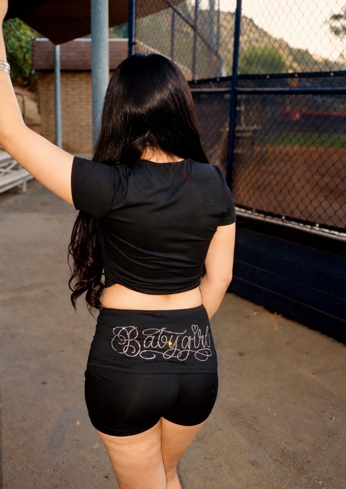 Limited Edition Rhinestone 'BABYGIRL' Script Sparkle Short Sleeve Shirt & Shorts Loungewear Set (BLACK)