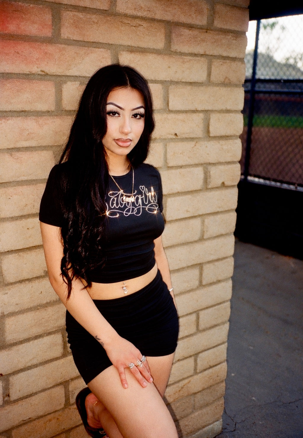 Limited Edition Rhinestone 'BABYGIRL' Script Sparkle Short Sleeve Shirt & Shorts Loungewear Set (BLACK)