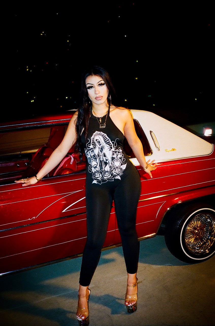 VERY LIMITED EDITION 'LUPITA' PEN & INK HIGH NECK ONE PIECE CATSUIT  (Black/White)