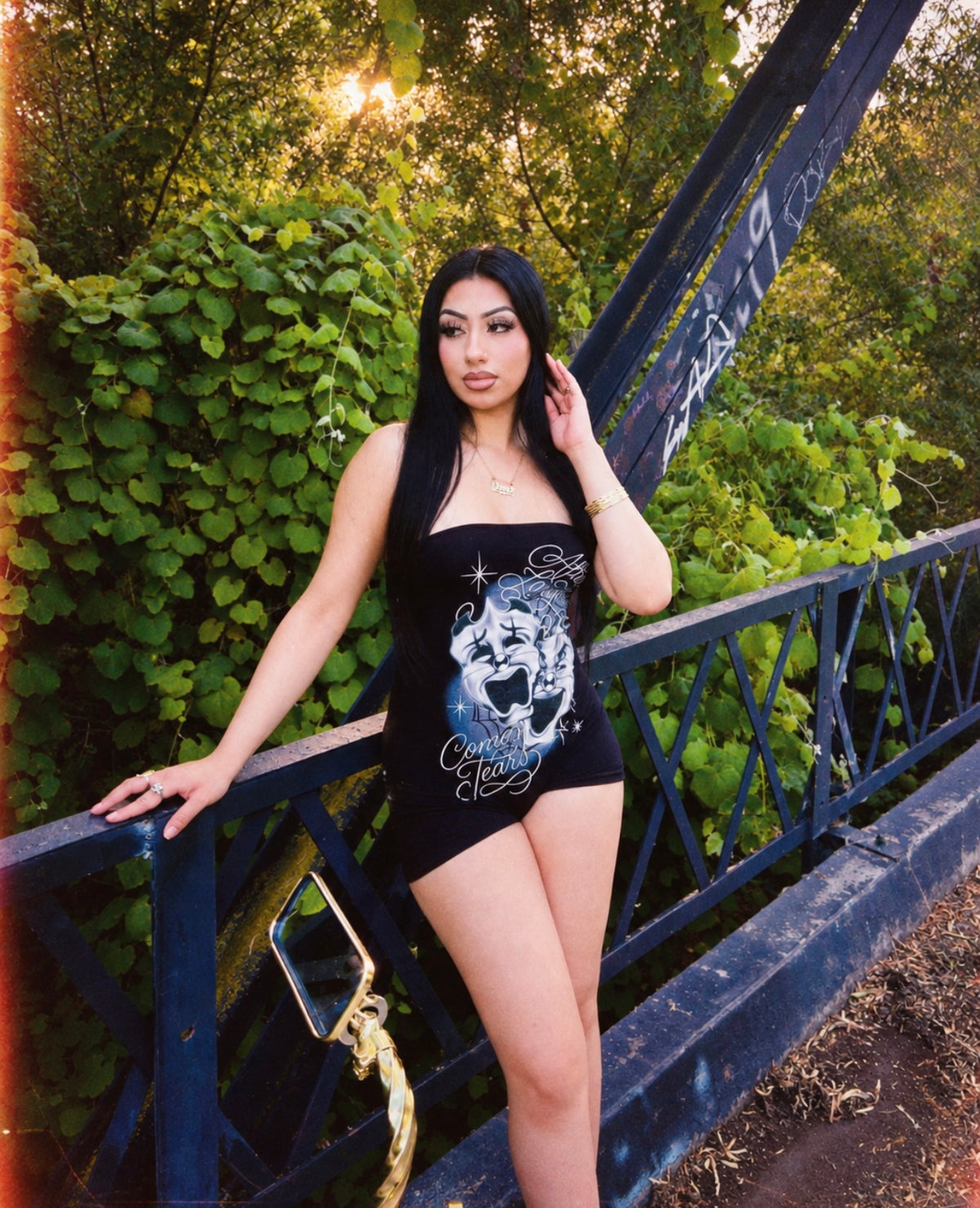 'AFTER LAUGHTER COMES TEARS' PEN & INK ONE PIECE TUBE TOP ROMPER (BLACK)