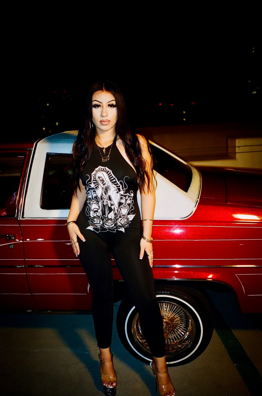 VERY LIMITED EDITION 'LUPITA' PEN & INK HIGH NECK ONE PIECE CATSUIT  (Black/White)