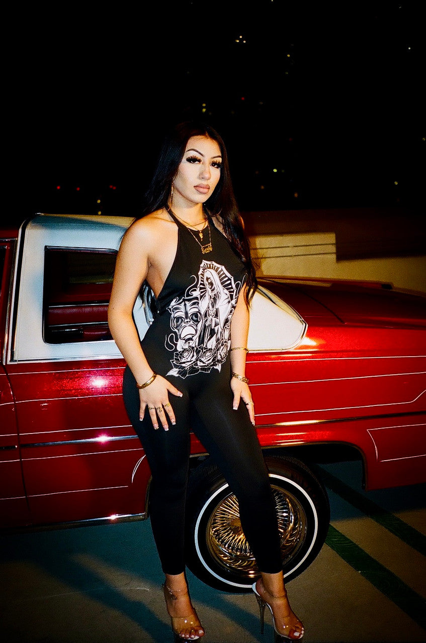 VERY LIMITED EDITION 'LUPITA' PEN & INK HIGH NECK ONE PIECE CATSUIT  (Black/White)