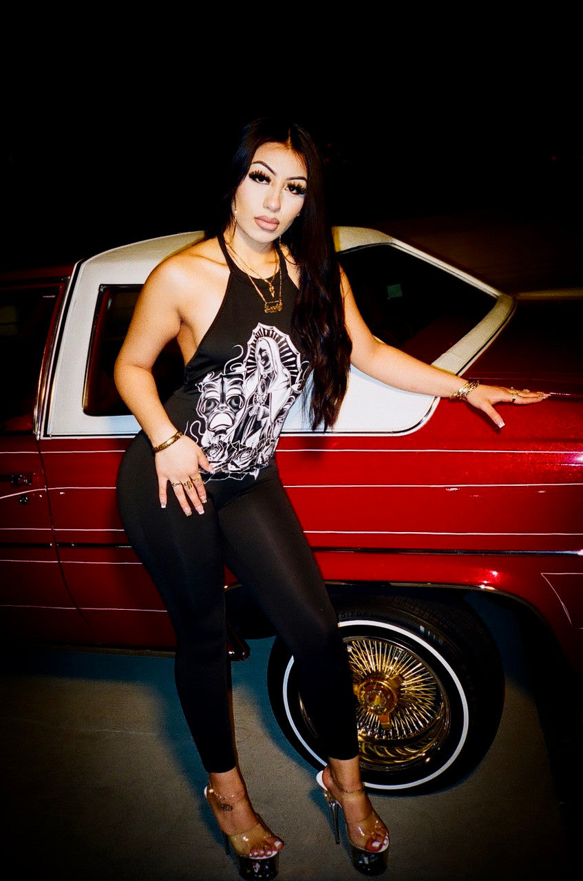 VERY LIMITED EDITION 'LUPITA' PEN & INK HIGH NECK ONE PIECE CATSUIT  (Black/White)