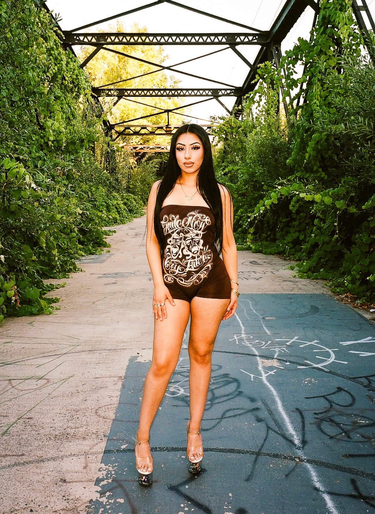 LIMITED EDITION 'SMILE NOW CRY LATER' AIRBRUSH ONE PIECE TUBE TOP ROMPER (CHOCOLATE BROWN)