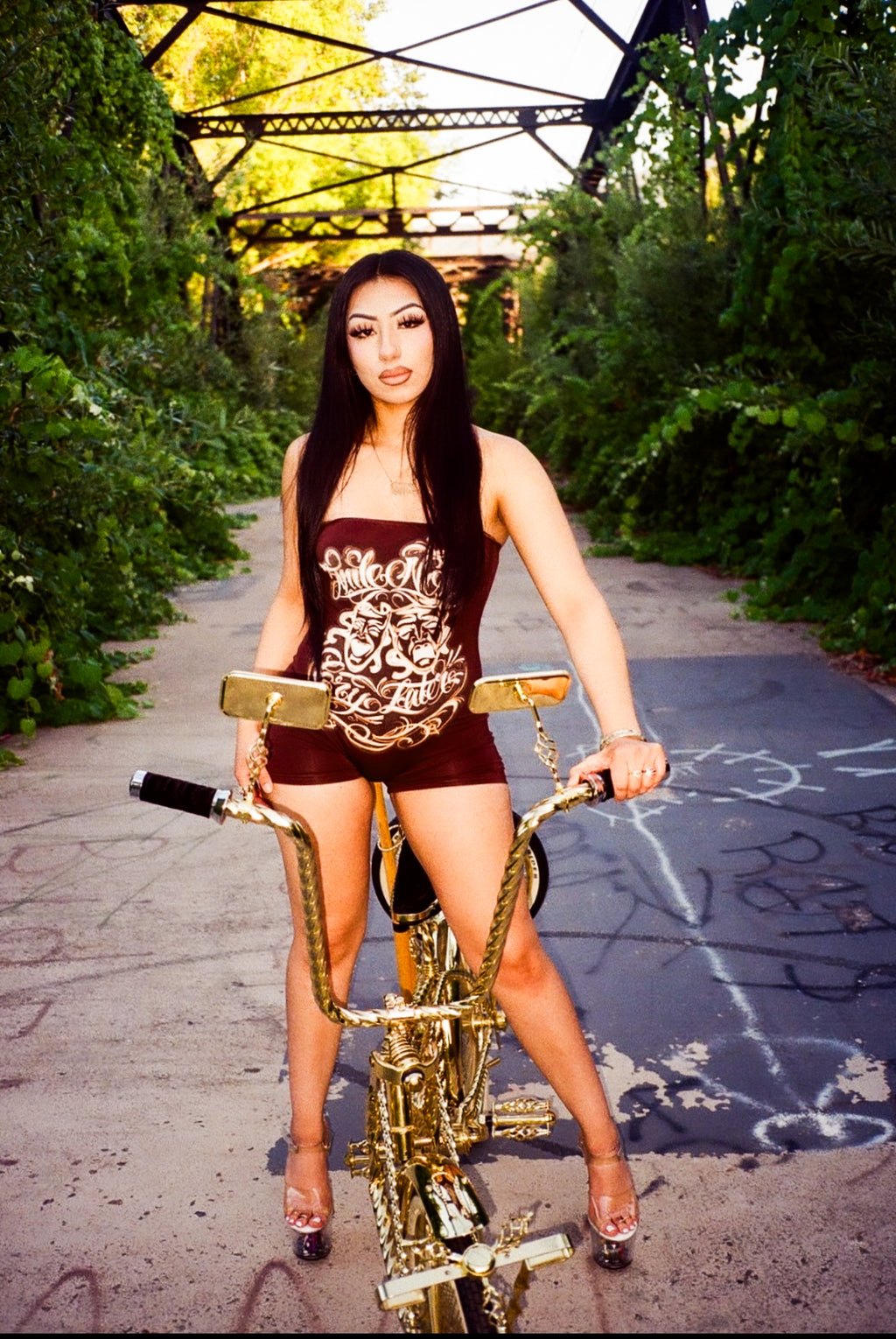 LIMITED EDITION 'SMILE NOW CRY LATER' AIRBRUSH ONE PIECE TUBE TOP ROMPER (CHOCOLATE BROWN)