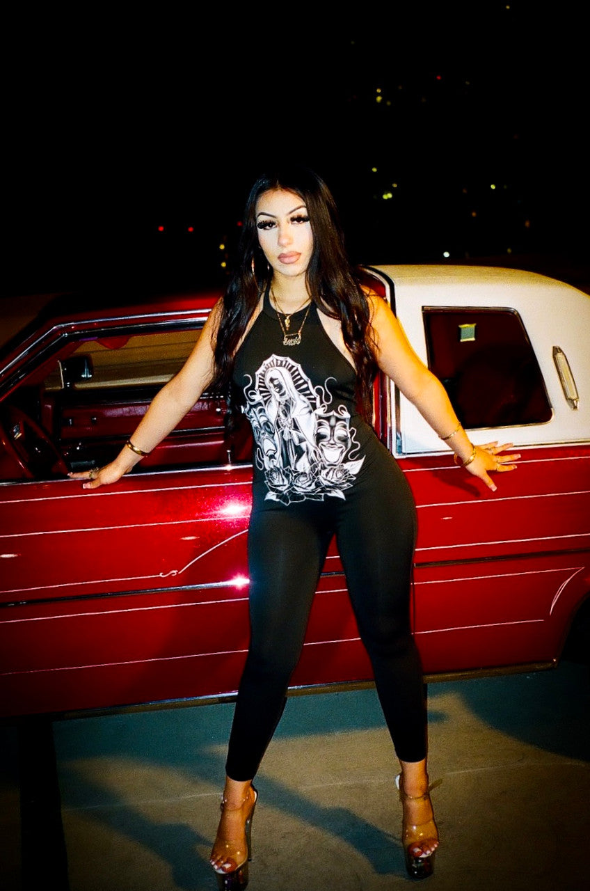 VERY LIMITED EDITION 'LUPITA' PEN & INK HIGH NECK ONE PIECE CATSUIT  (Black/White)