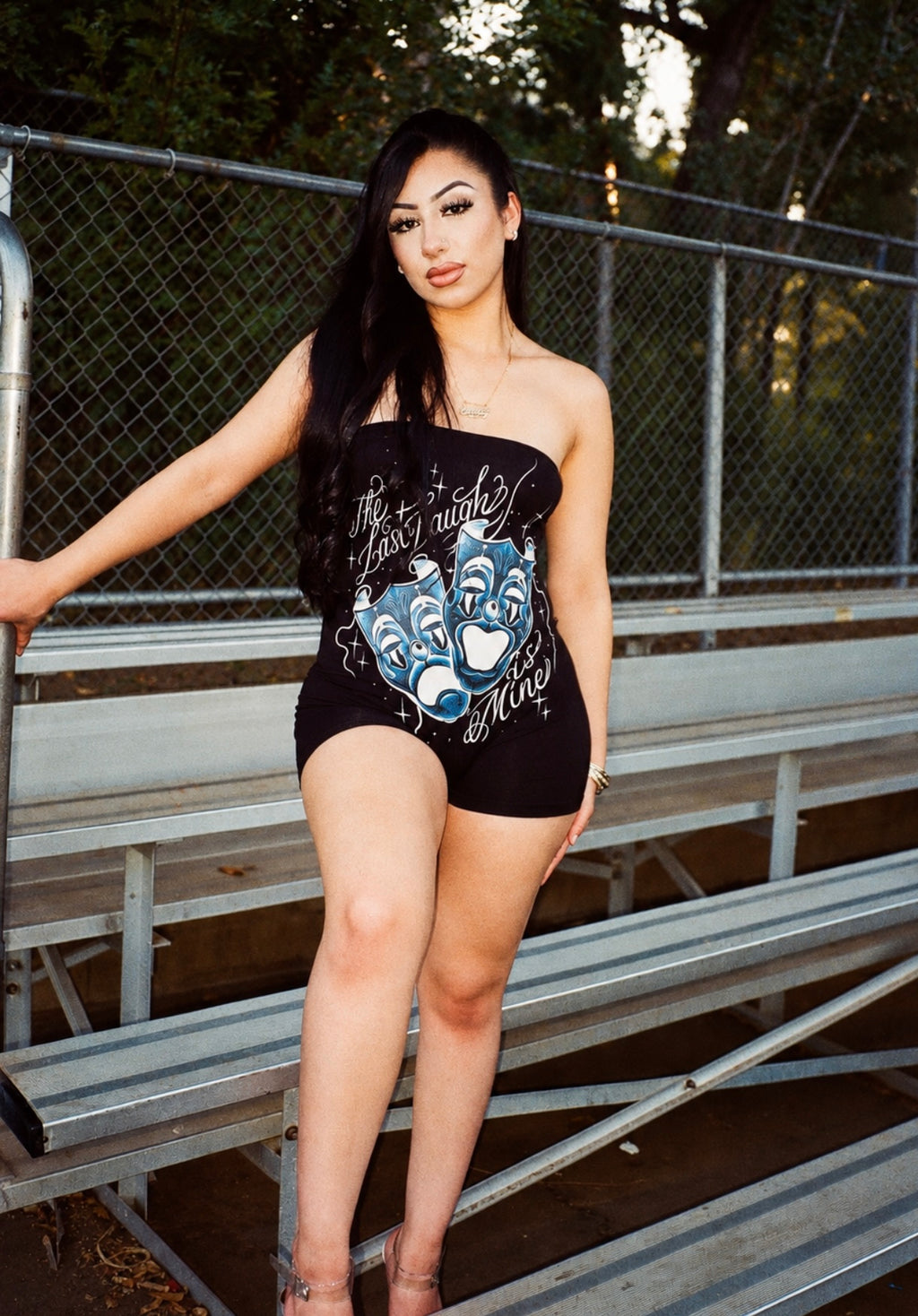 'THE LAST LAUGH IS MINE' PEN & INK ONE PIECE TUBE TOP ROMPER (BLACK/BLUE)
