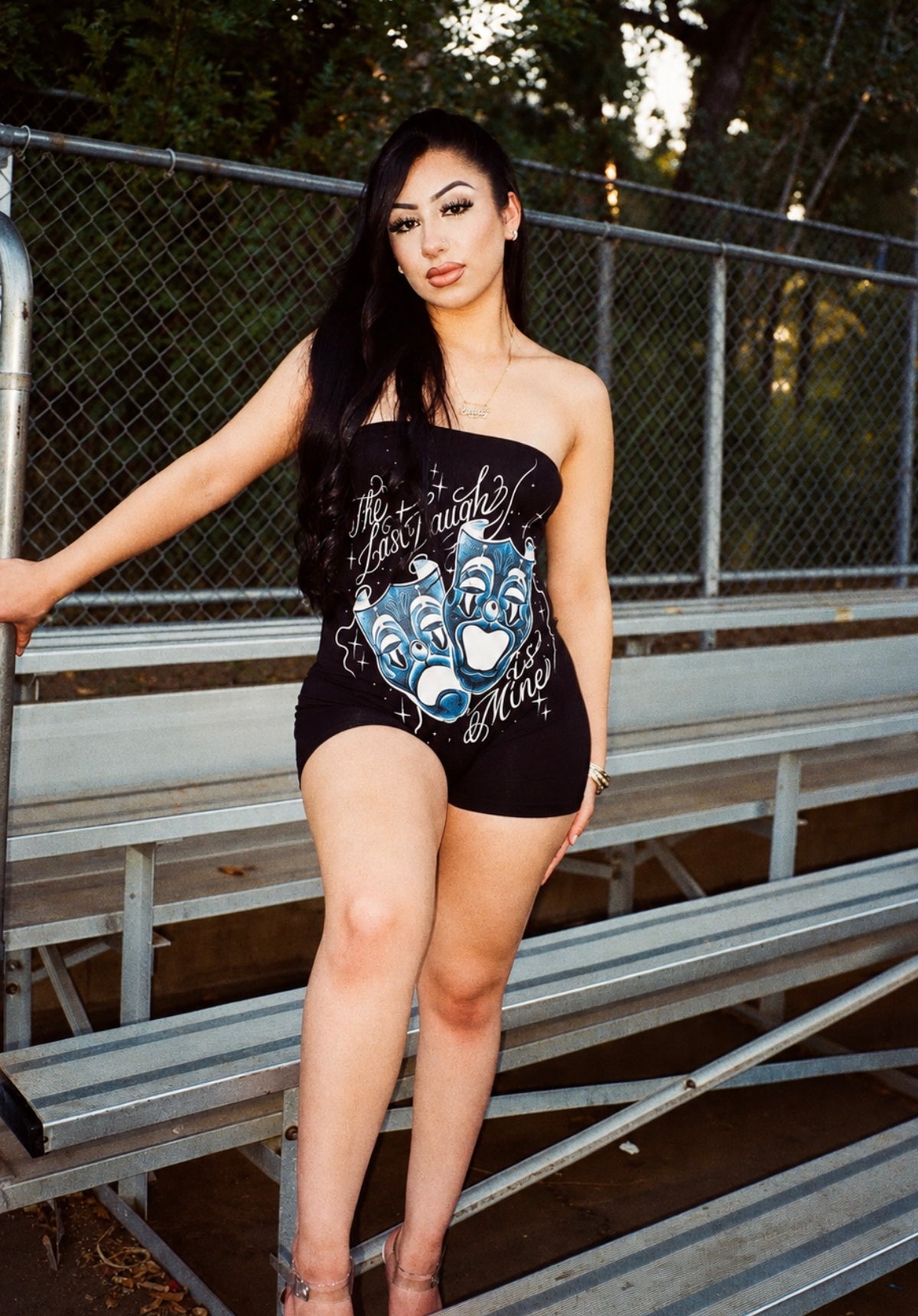 'THE LAST LAUGH IS MINE' PEN & INK ONE PIECE TUBE TOP ROMPER (BLACK/BLUE)