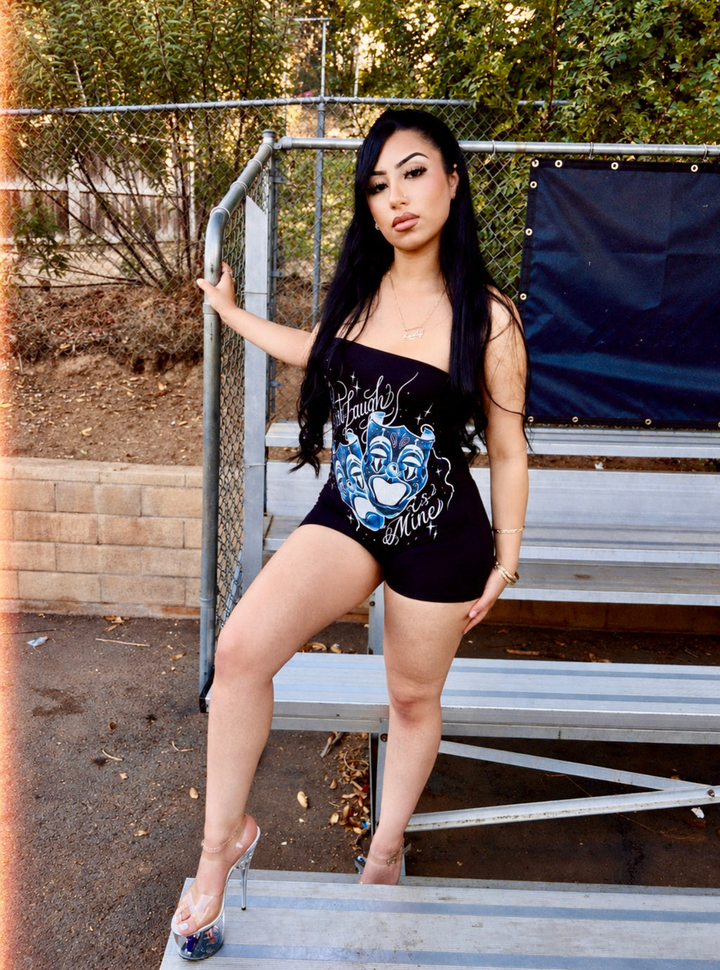 'THE LAST LAUGH IS MINE' PEN & INK ONE PIECE TUBE TOP ROMPER (BLACK/BLUE)