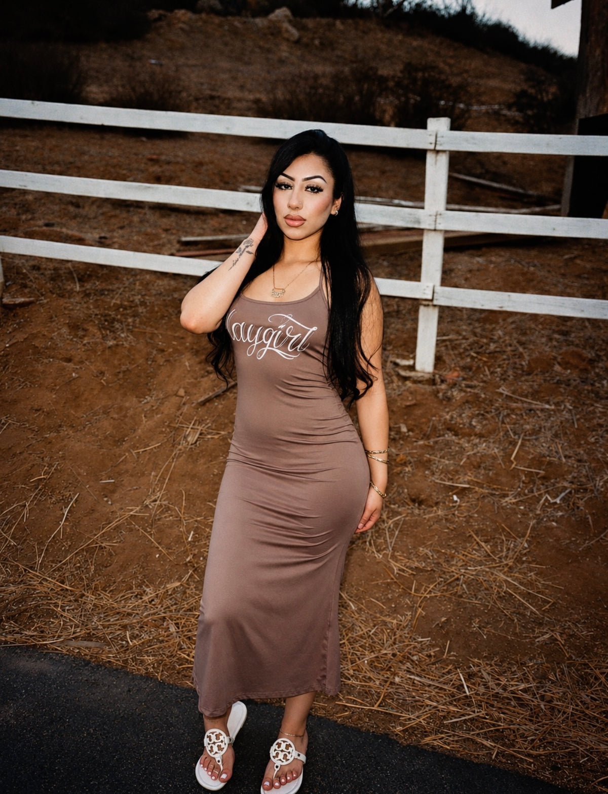 Limited Edition 'PLAYGIRL' Script Pen & Ink Halter Tie Long Slip Dress (Mocha Brown)